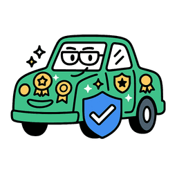 Confident car character with shield and certification badges
